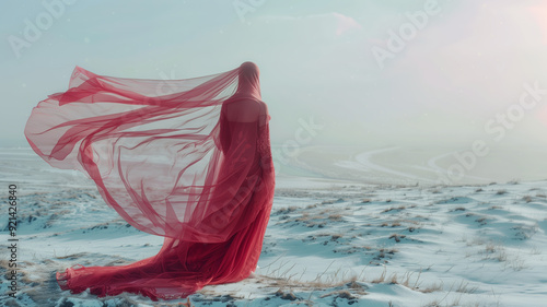 A beautiful ghost woman dressed in red, standing on the winter snow field. Minimalist photography, dreamy atmosphere.