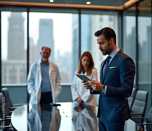 Hospital manager reviewing documents handed to him by doctors in hospital office building. 