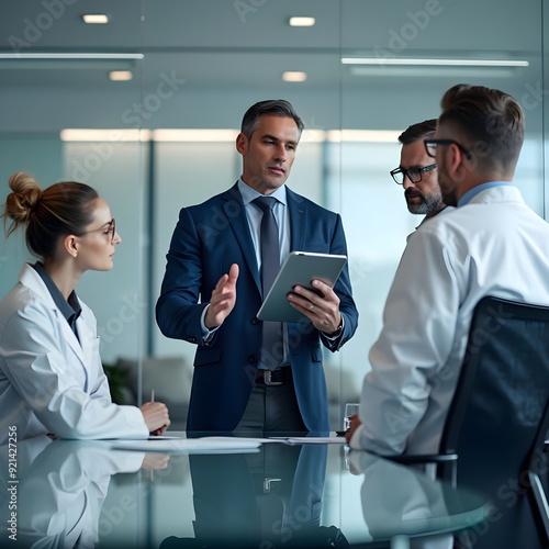 Hospital manager consulting with doctors. Pharmaceutical sales representative talking with female doctor in medical building. 