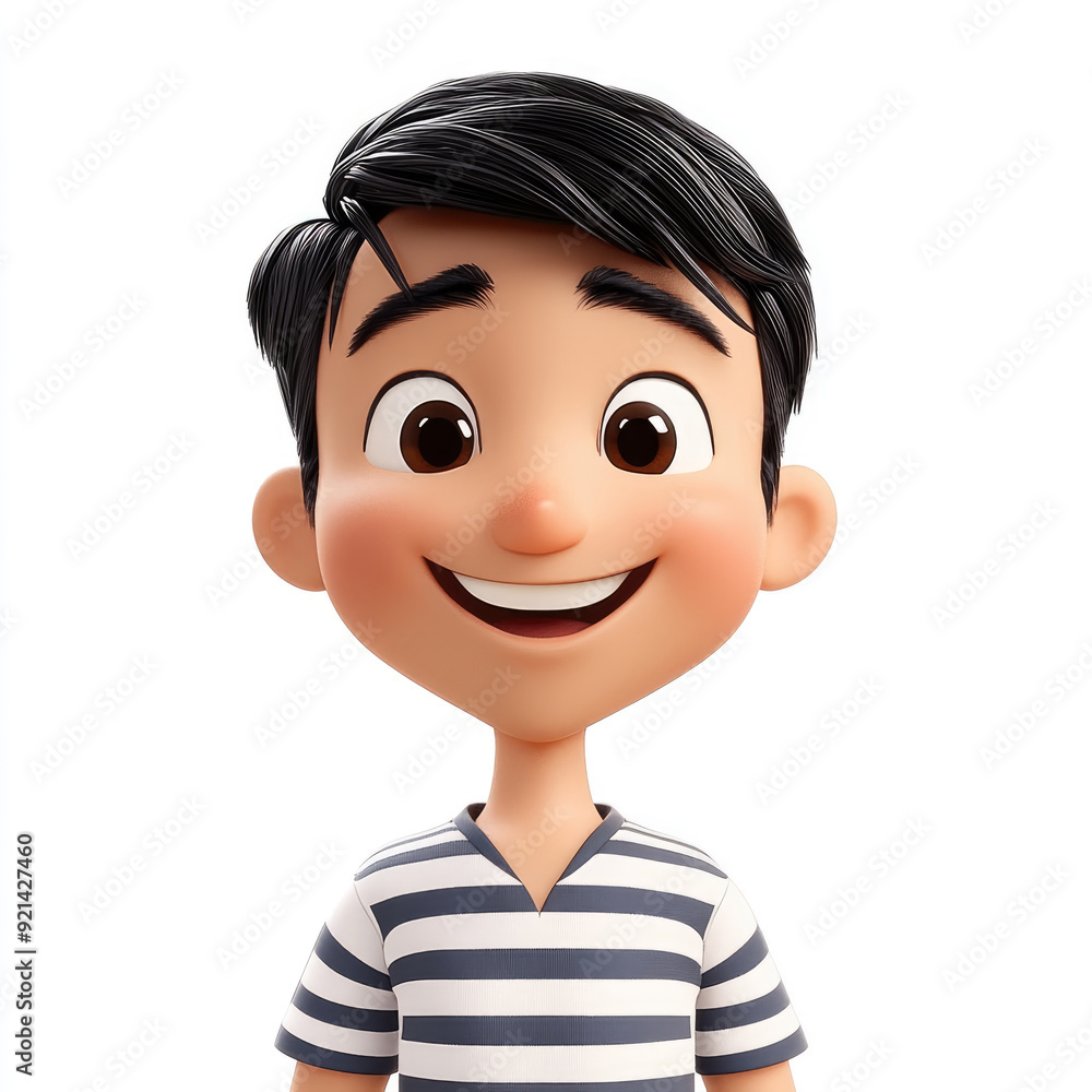 3D cartoon, cute Asian man with short black hair smiling happily at the camera. on white background 3D cartoon, cute Asian man with short black hair smiling happily at the camera. on white background