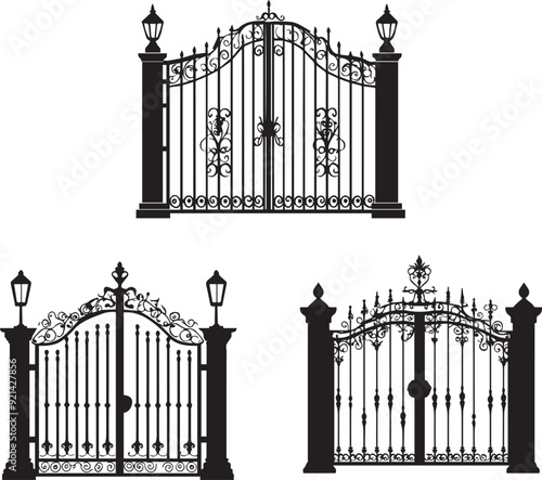 Wrought iron gate silhouette vector, vector of gate fence