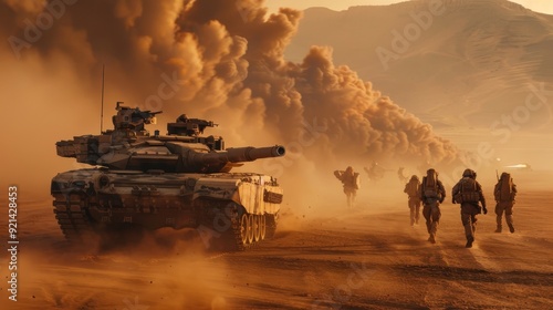 Soldiers maneuver alongside a tank as dust swirls around them during a military training event in a desert environment photo