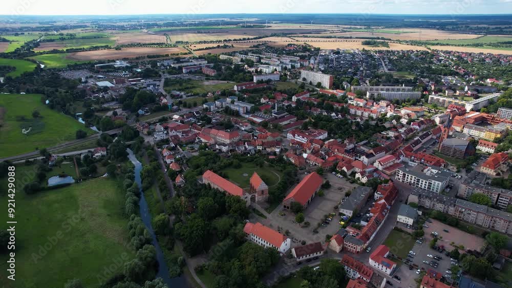 Aerial view of the old town of the city Wolmirstedt in Germany on a cloudy day in summer Aerial view of the old town of the city Wolmirstedt in Germany on a cloudy day in summer