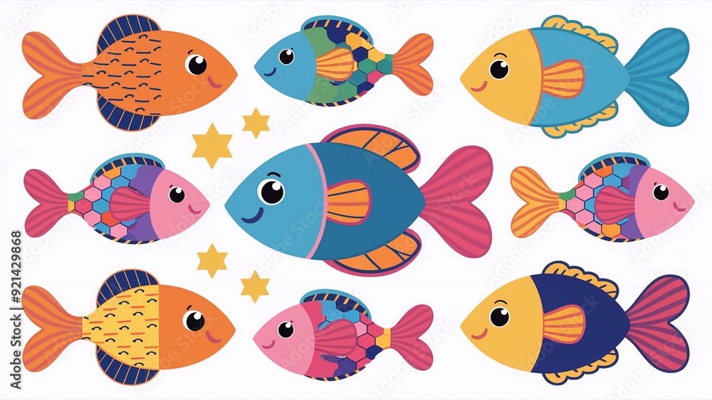 Set of cute fish stickers in PNG clipart style on isolated transparent background for fun and creative design projects Set of cute fish stickers in PNG clipart style on isolated transparent background for fun and creative design projects