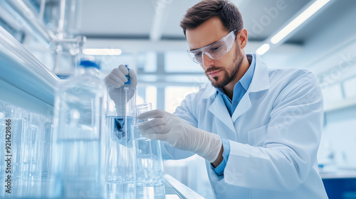 Confident engineer, carefully monitoring a state-of-the-art water purification system in an eco-friendly facility, with clean water flowing through transparent pipes, highlighting