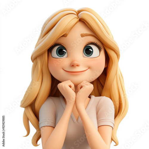 3D cartoon, happy young woman thinking with hands on chin. on white background
