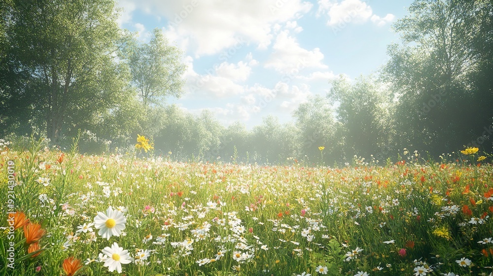 Wildflower meadow with blossoms softly swaying in the wind wallpaper Wildflower meadow with blossoms softly swaying in the wind wallpaper