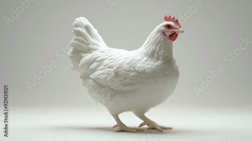 A white hen with red comb and wattle stands on a white background, its plumage is smooth and pristine.