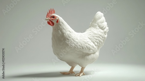 A white hen with red comb and wattles stands on a white background. photo