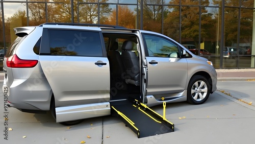 Silver minivan with wheelchair ramp deployed in modern urban setting, autumn