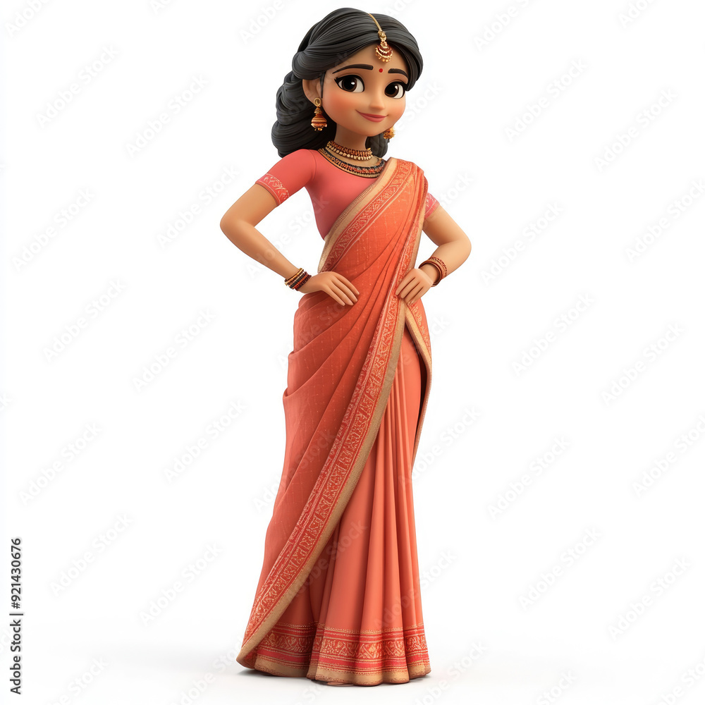 3D cartoon, Indian woman in her late thirties, wearing a saree and chunri. on white background 3D cartoon, Indian woman in her late thirties, wearing a saree and chunri. on white background