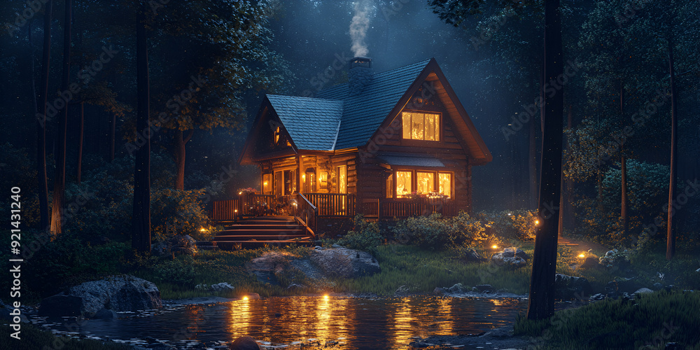 house in the forest,A photo of a secluded cabin in a misty forest warm ...