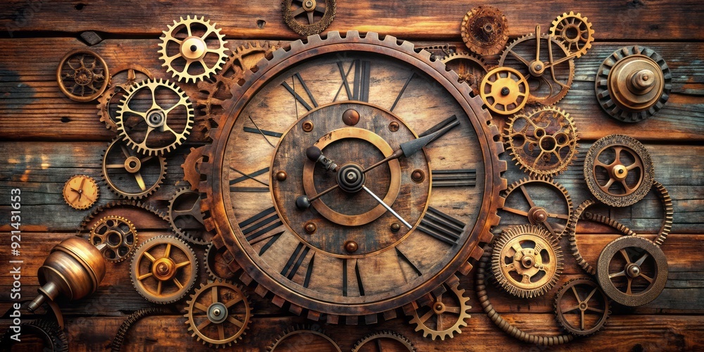 Analog clock with Roman numerals on a rustic wooden background, surrounded by old gears and rusty mechanical parts, exuding a sense of vintage nostalgia. Analog clock with Roman numerals on a rustic wooden background, surrounded by old gears and rusty mechanical parts, exuding a sense of vintage nostalgia.