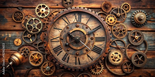 Analog clock with Roman numerals on a rustic wooden background, surrounded by old gears and rusty mechanical parts, exuding a sense of vintage nostalgia.