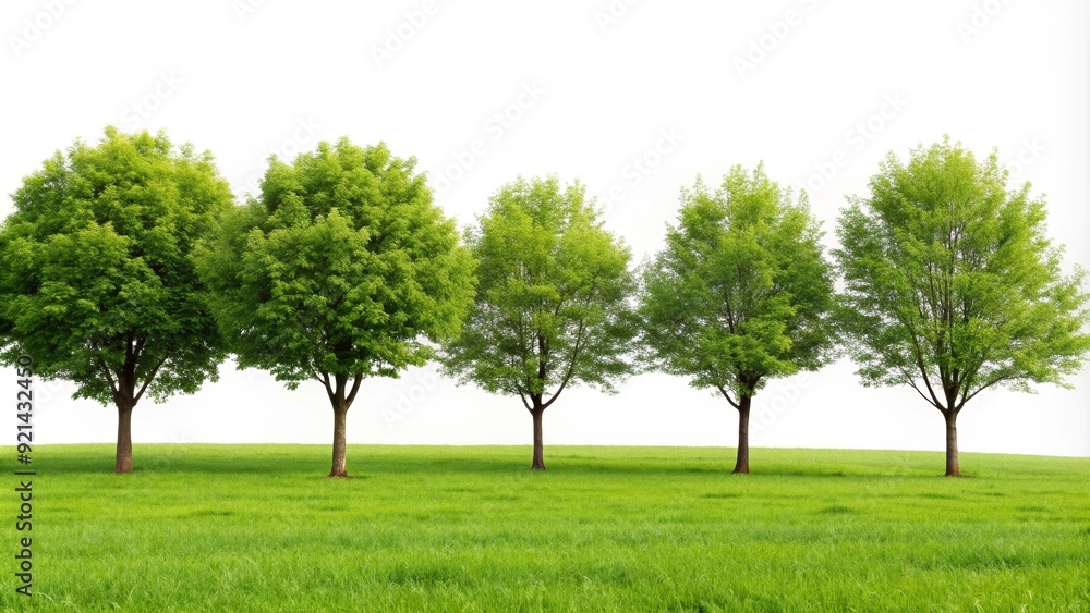 Row of trees in a grassy field on white background rendering , trees, row, grassy, field, white background, rendering Row of trees in a grassy field on white background rendering , trees, row, grassy, field, white background, rendering