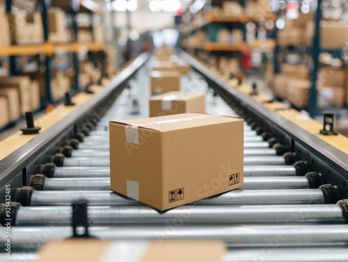 A cardboard box on a conveyor belt in a warehouse, showcasing the logistics and distribution process in action.