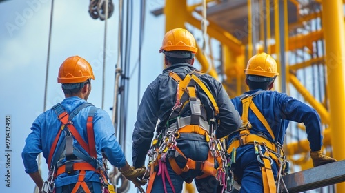 Generate a photo realistic image of workers undergoing training on fall protection, with fall arrest systems, harness fitting, and fall hazard identification visible