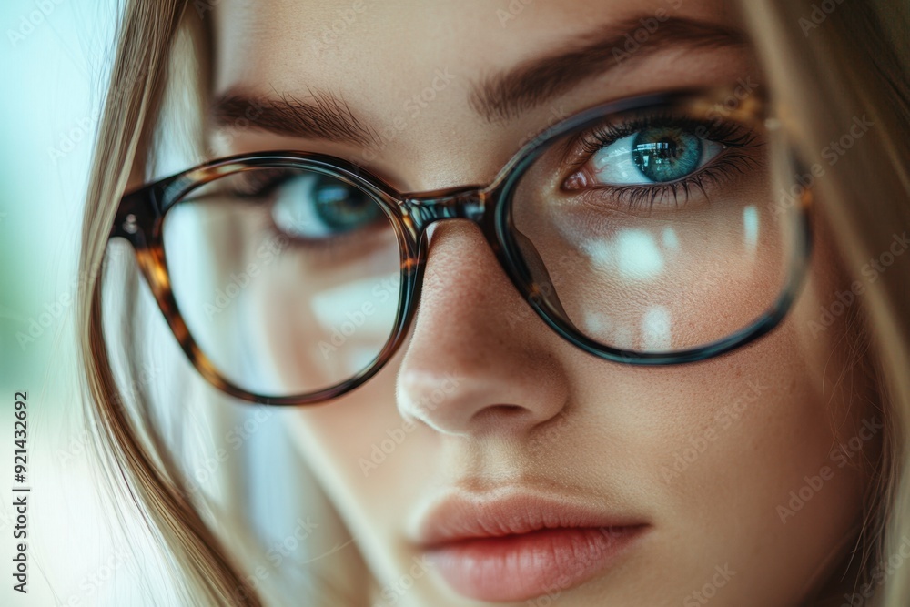 Fototapeta premium Young Caucasian Woman with Long Brown Hair and Black-Framed Eyeglasses Looking Seriously at Camera