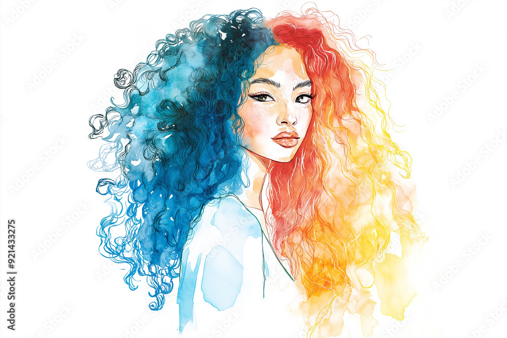 Fototapeta premium Portrait of a woman with multicolored curly hair blue and red, drawn in pencils and watercolor. 