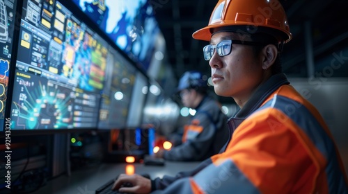 Focused engineer monitors control panel displays in a modern industrial facility, ensuring safety and efficiency on the job.