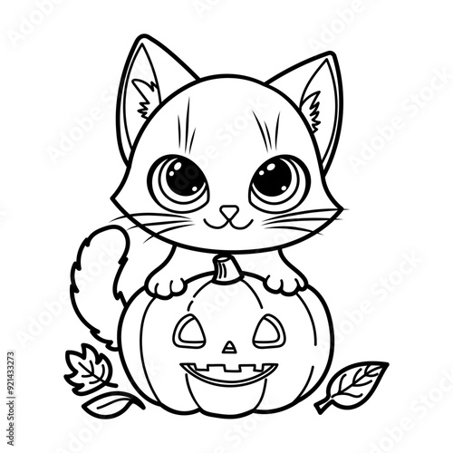 Adorable Halloween vector illustration of a cute kitten sitting on a carved pumpkin, perfect for coloring pages