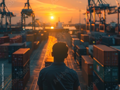 Silhouette of a person overlooking a vibrant sunset at a busy port filled with shipping containers and cranes. photo