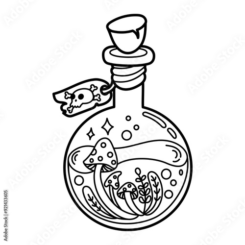 Halloween vector illustration featuring a potion bottle with mushrooms and a skull tag. Perfect for coloring pages