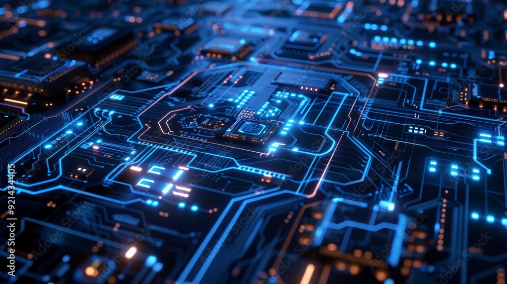 Tech Picture Reference. Abstract Blue Circuit with AI Symbols Tech Picture Reference. Abstract Blue Circuit with AI Symbols