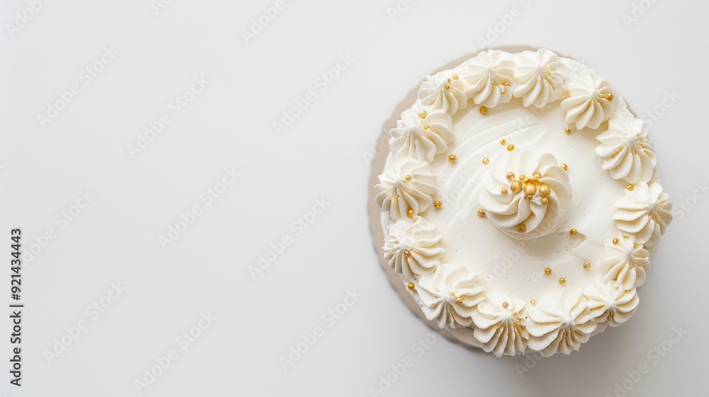 Simple white cake adorned with frosting and gold sprinkles, set against a white backdrop with space for text Simple white cake adorned with frosting and gold sprinkles, set against a white backdrop with space for text