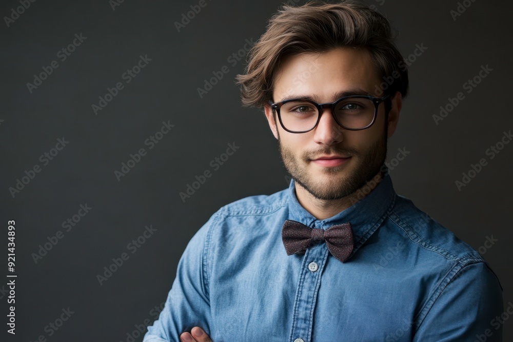 Obraz premium Handsome Man in Glasses and Bow Tie Wearing Denim Shirt Posing