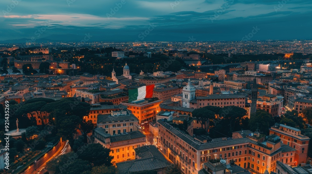 Obraz premium Aerial view of the cityscape of rome at twilight, with the italian flag waving over the buildings