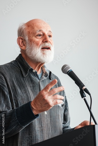 elderly man with a microphone standing at a podium  Generative AI photo