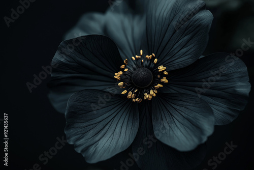 Close-up of a black flower with a bright yellow center on a mysterious black background. 