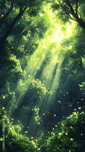 Enchanting Forest Canopy with Sunlight Filtered Leaves - Serene Nature Banner Design with Copy Space