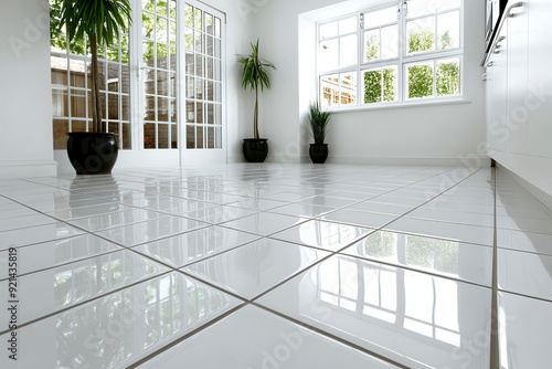 Bright Interior, Glossy white tiled floor with potted plants, Sunlit modern room.