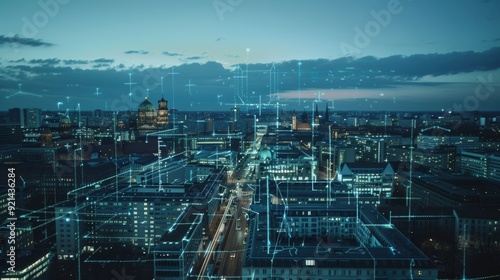 Fototapeta Naklejka Na Ścianę i Meble -  Aerial view of berlin skyline showing a futuristic network connecting the city at dusk