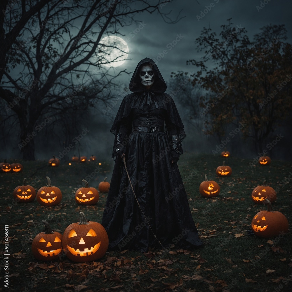 Haunted graveyards and spooky figures capture the essence of Halloween night thrills Haunted graveyards and spooky figures capture the essence of Halloween night thrills