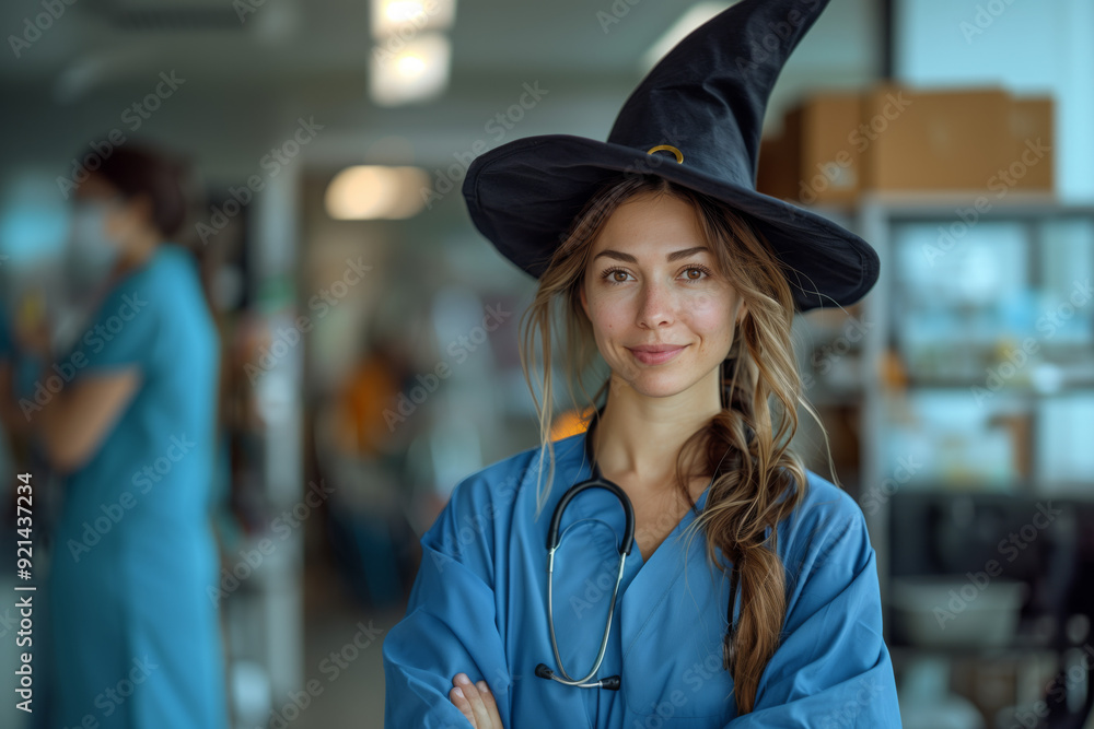 Portrait of white female nurse or doctor in blue scrubs and wearing a witch hat and stethoscope standing at a hospital. Portrait of white female nurse or doctor in blue scrubs and wearing a witch hat and stethoscope standing at a hospital.