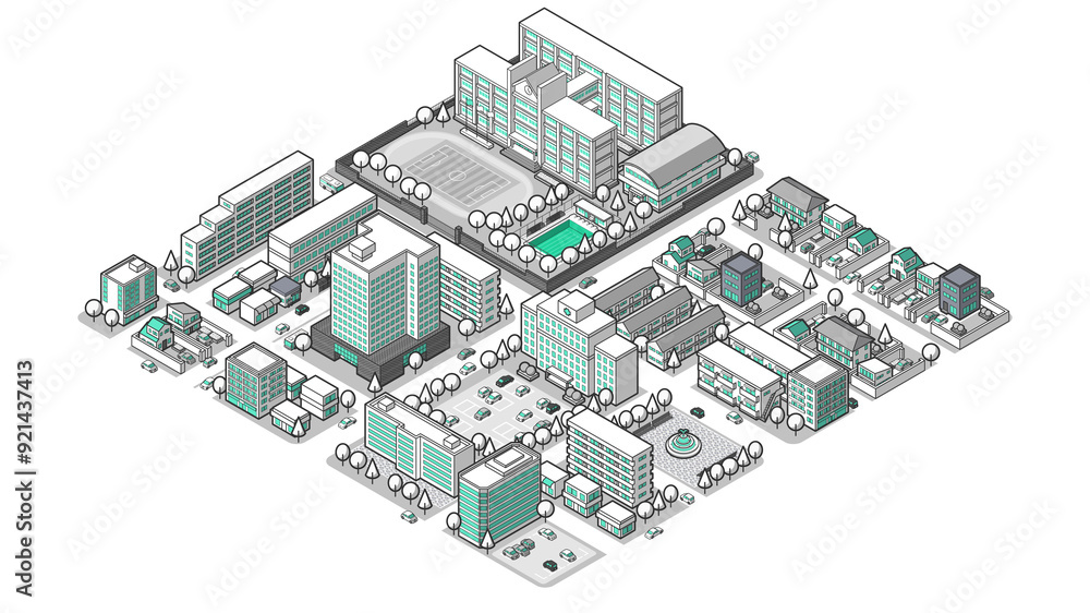 俯瞰から見た立体の街並みベクターイラスト 俯瞰から見た立体の街並みベクターイラスト