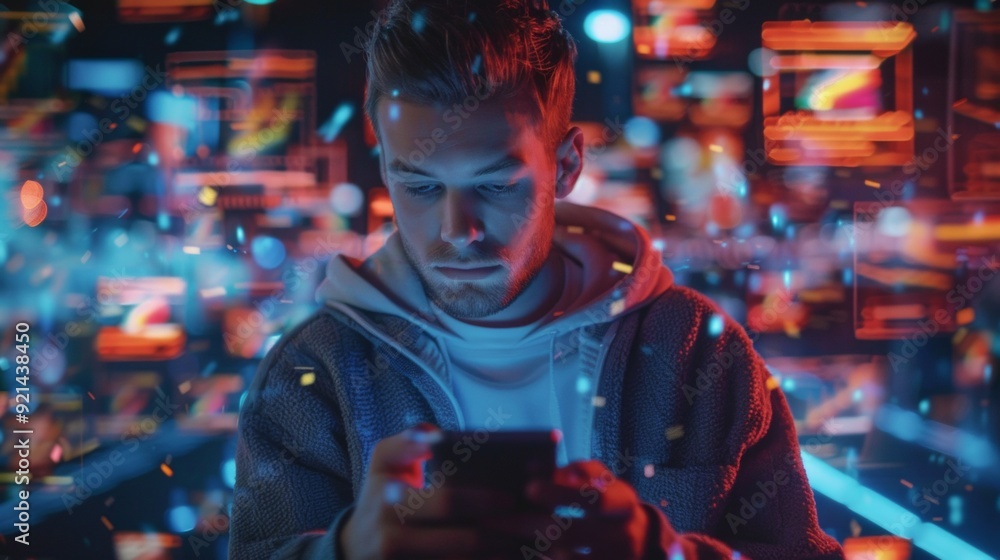 man using cell phone and applications and connectors come out. innovation concept man using cell phone and applications and connectors come out. innovation concept