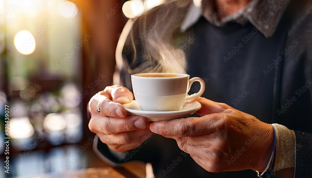 Close-up of hands holding a steaming espresso cup focused on the cup with a blurred background Close-up of hands holding a steaming espresso cup focused on the cup with a blurred background