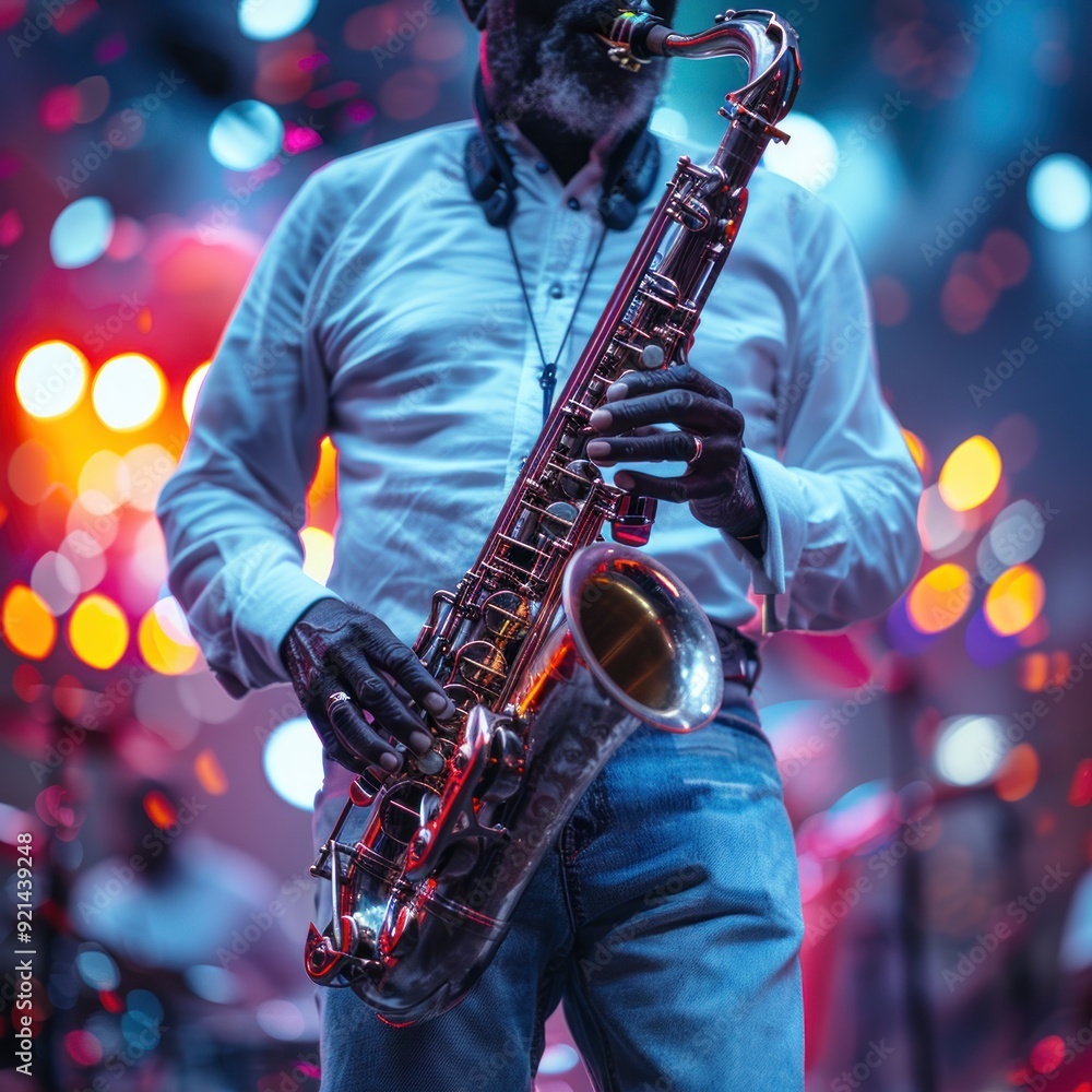 Fototapeta premium A man playing a saxophone, with bright red and blue lighting in the background. holding both sides of the instrument. Saxophonist jazz musician