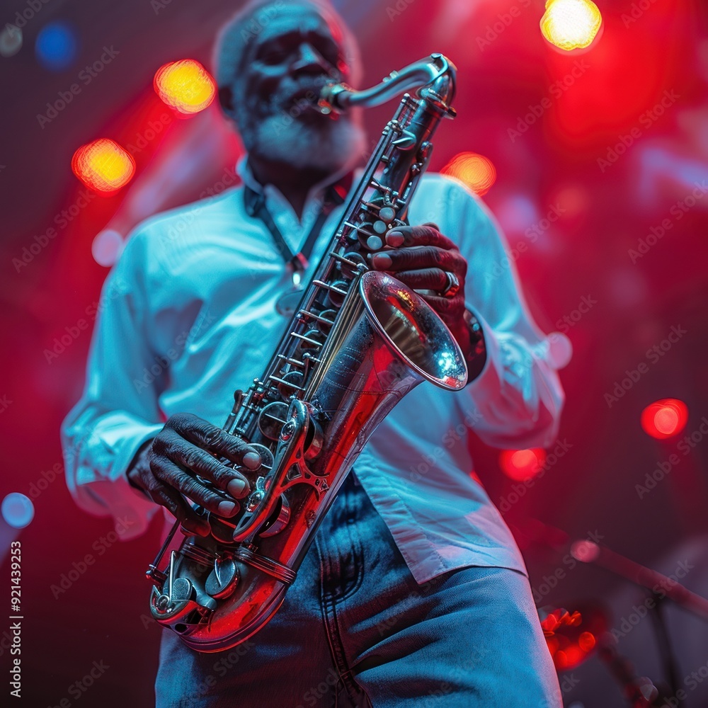 Obraz premium A man playing a saxophone, with bright red and blue lighting in the background. holding both sides of the instrument. Saxophonist jazz musician