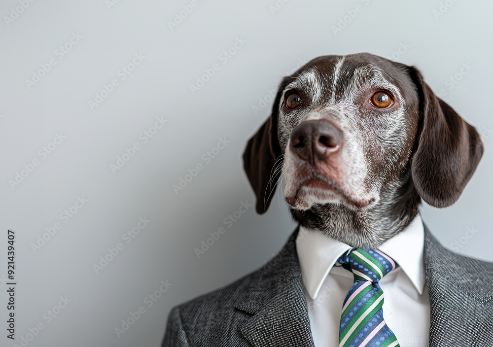 This dog showcases a formal look, wearing a tailored suit and tie, with ...