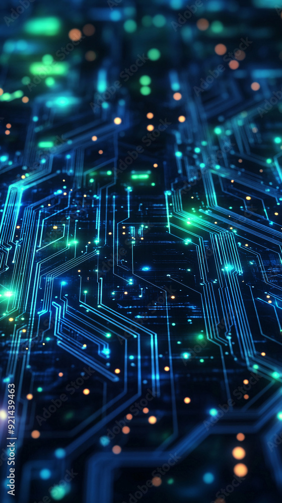 Obraz premium A technology graphic banner featuring a circuit board pattern in neon blue and green colors, with glowing lines and abstract elements, and copy space