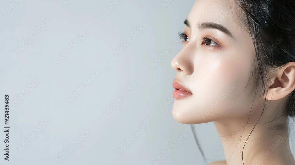Side view of Beautiful young asian woman with clean fresh skin on white background Side view of Beautiful young asian woman with clean fresh skin on white background