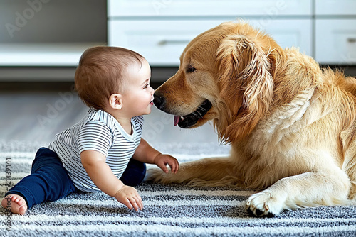 A baby sits on a rug, joyfully touching noses with a friendly golden retriever in a bright and warm living room.