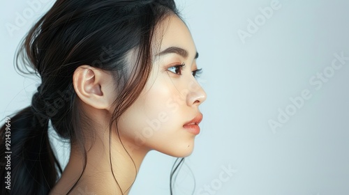 Side view of Beautiful young asian woman with clean fresh skin on white background