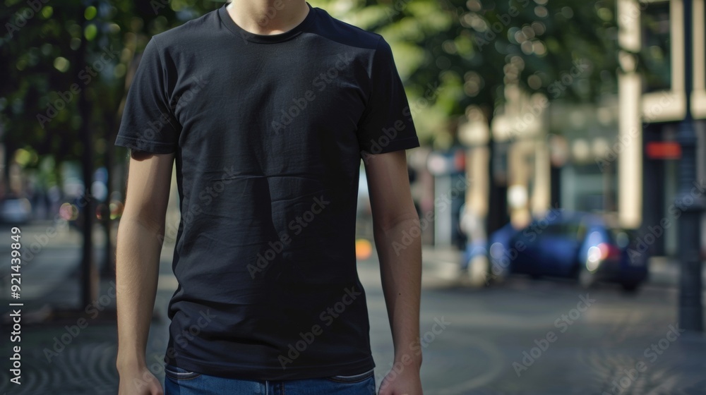 Obraz premium man wearing black shirt on gray background. mockup concept