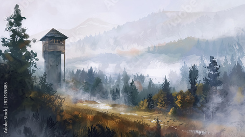 hunting tower in the valley in the morning mists